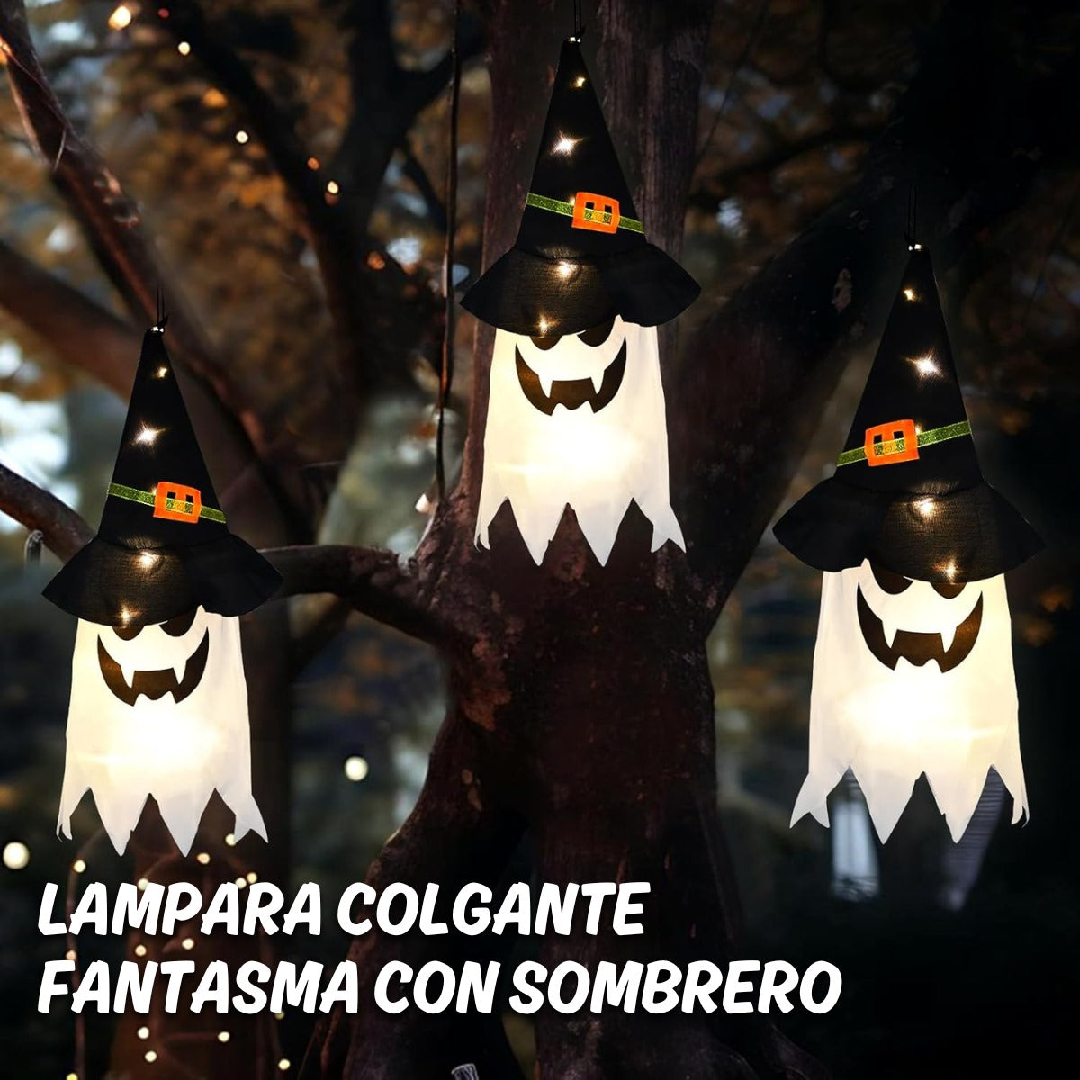 Lámpara Colgante de Fantasma con Sombrero de Bruja (Pack 3 Unidades)🎩👻