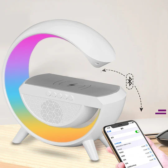 LÁMPARA DE MESA "G" RGB CON CARGA INALÁMBRICA Y FM 🎵
